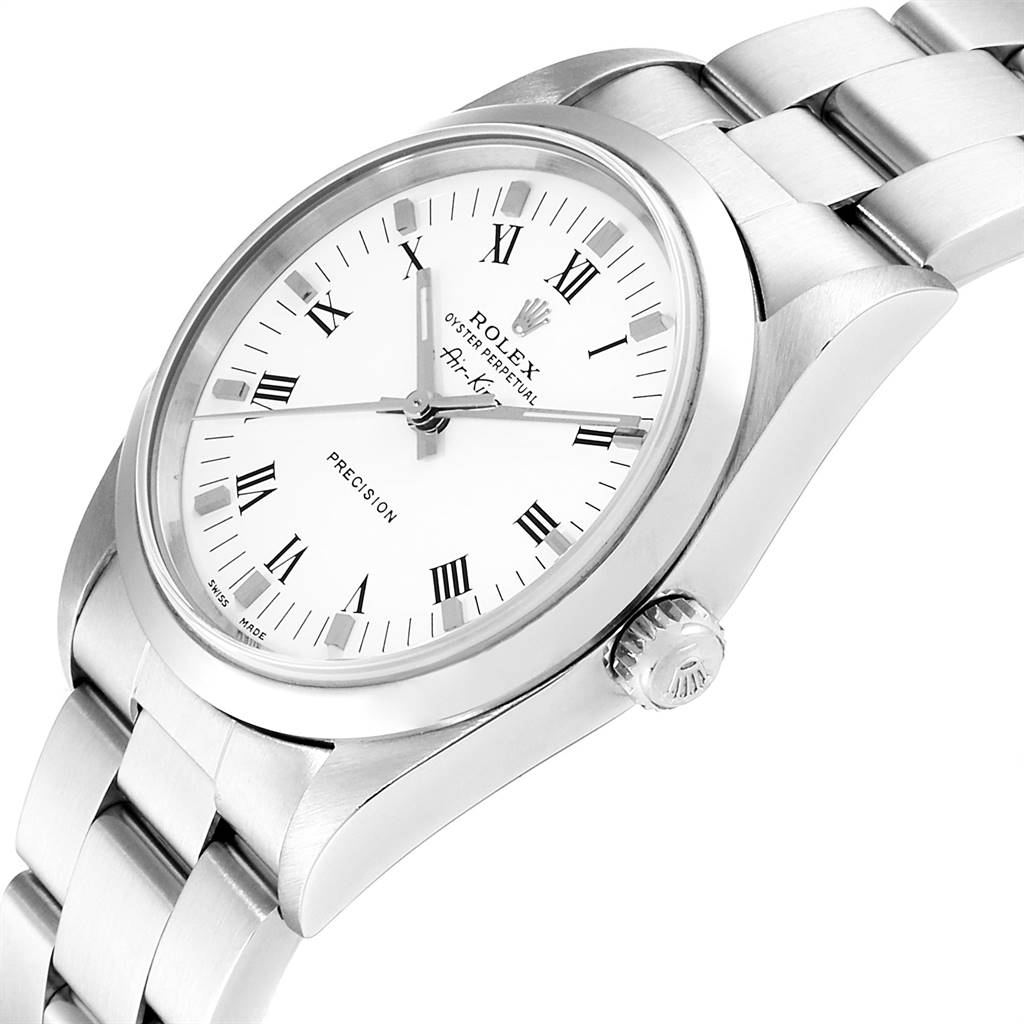 The Rolex Air-King 14000 Men's Stainless Steel White Dial 14000 Men's Stainless Steel White Dial watch is shown from a three-quarter angle, highlighting its face, crown, and part of the bracelet.