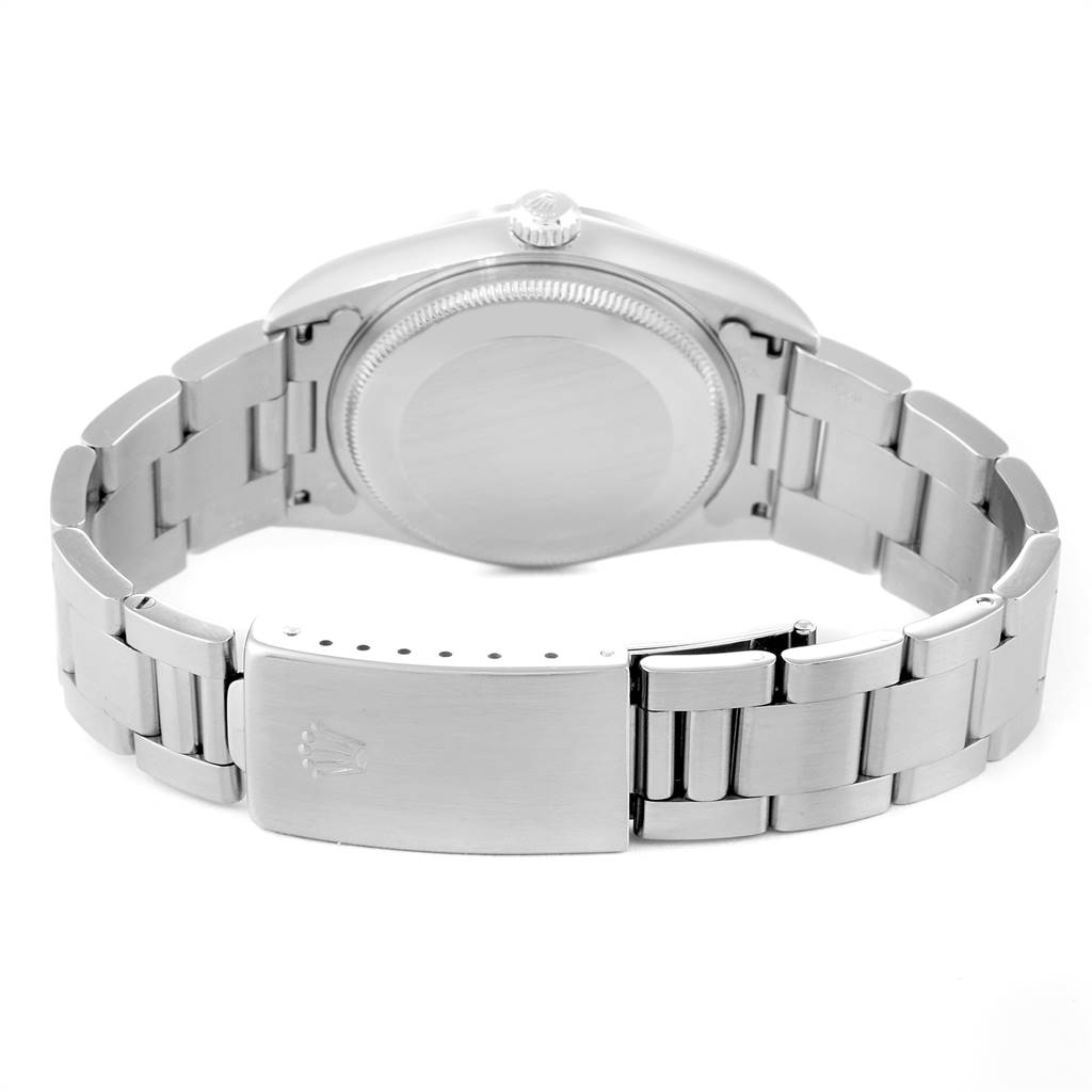 The image shows the back view of a Rolex Air-King 14000 Men's Stainless Steel White Dial 14000 Men's Stainless Steel White Dial watch, highlighting the clasp, bracelet, and caseback.