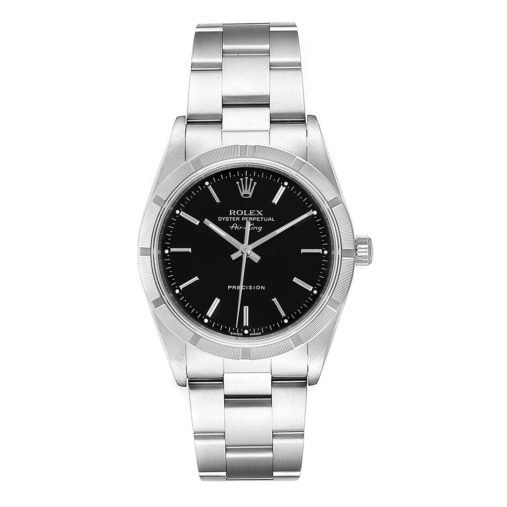 The image shows a front view of a Rolex Air-King 14010 Men's Stainless Steel Black Dial 14010 Men's Stainless Steel Black Dial watch, displaying its face, bezel, and bracelet.