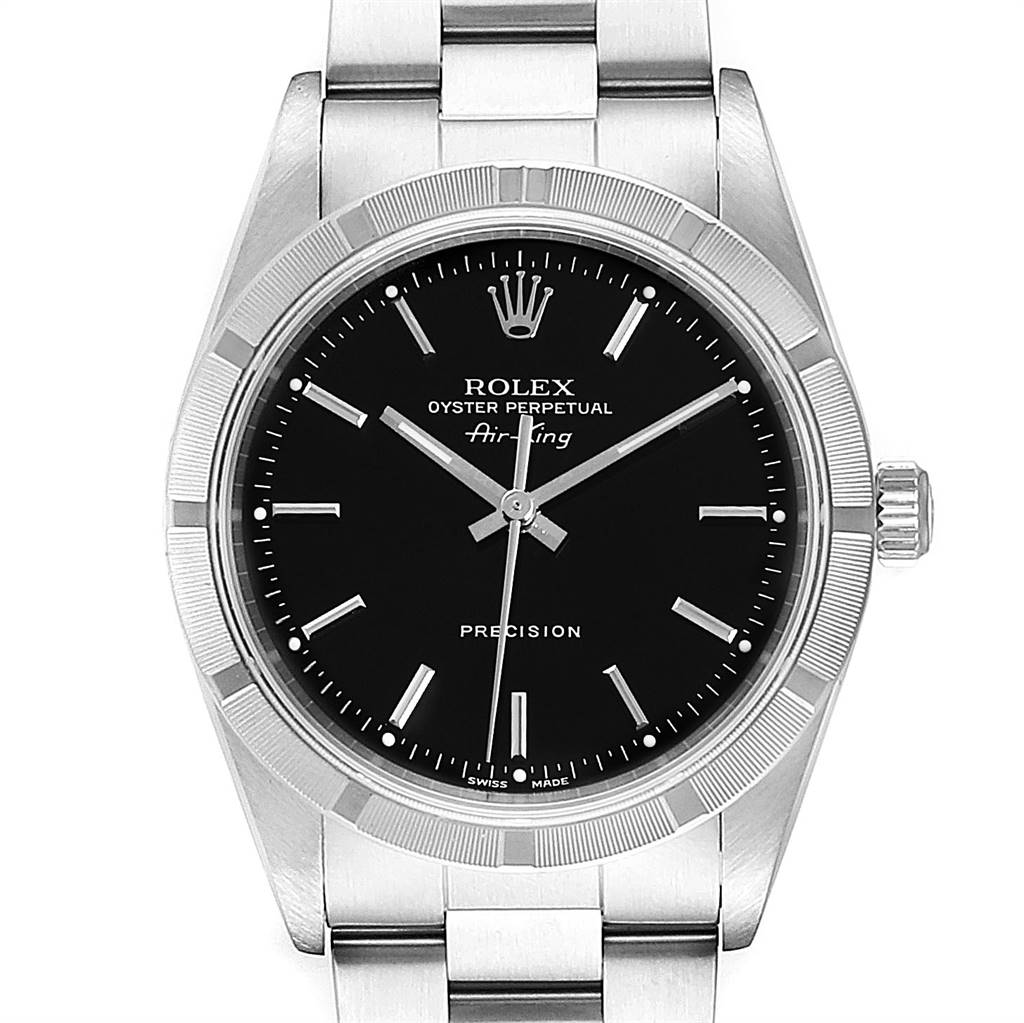 This is a frontal view of a Rolex Air-King 14010 Men's Stainless Steel Black Dial 14010 Men's Stainless Steel Black Dial watch, showing the dial, bezel, crown, and part of the bracelet.