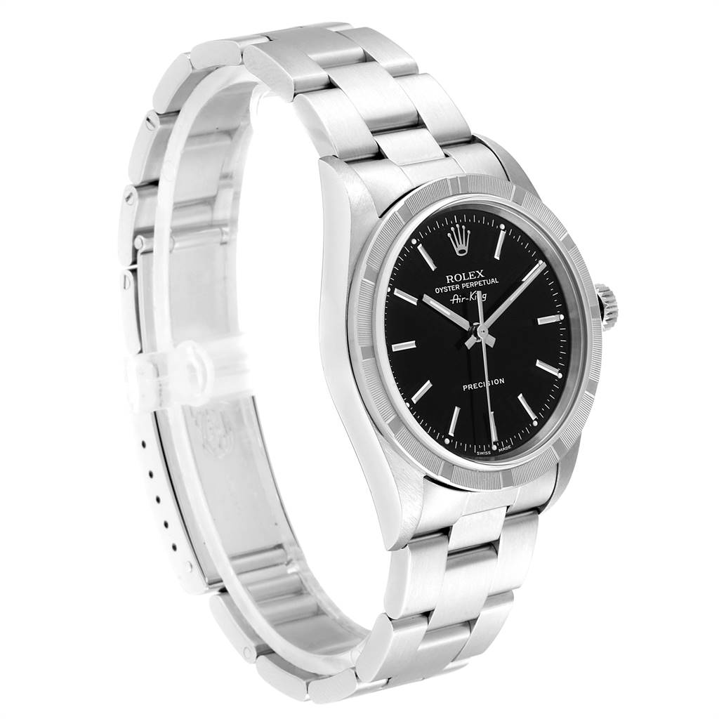 The image shows a side and slightly angled front view of a Rolex Air-King 14010 Men's Stainless Steel Black Dial 14010 Men's Stainless Steel Black Dial watch, highlighting its black dial and stainless steel bracelet.