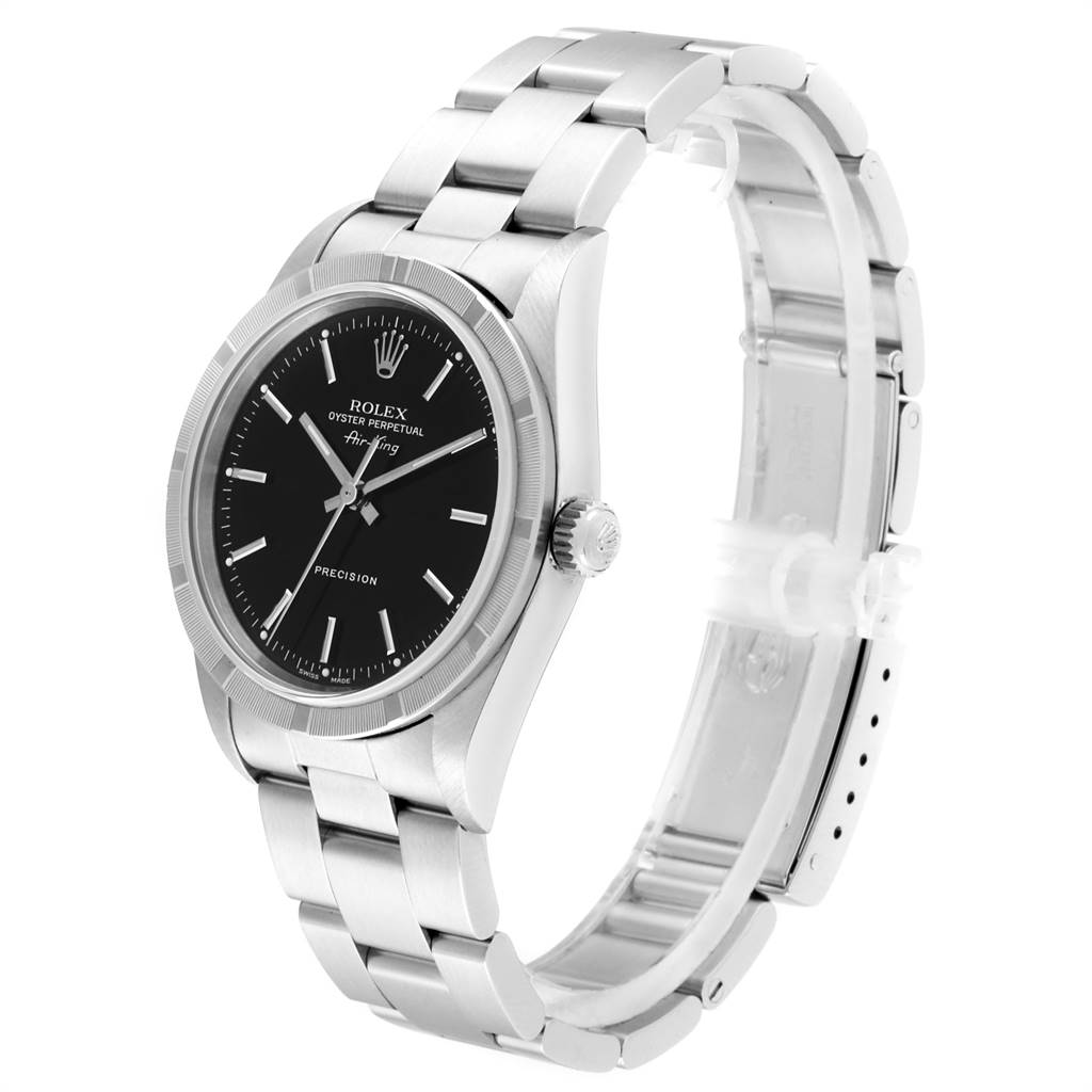 The Rolex Air-King 14010 Men's Stainless Steel Black Dial 14010 Men's Stainless Steel Black Dial watch is shown from an angled view, displaying its black dial, stainless steel case, and bracelet.