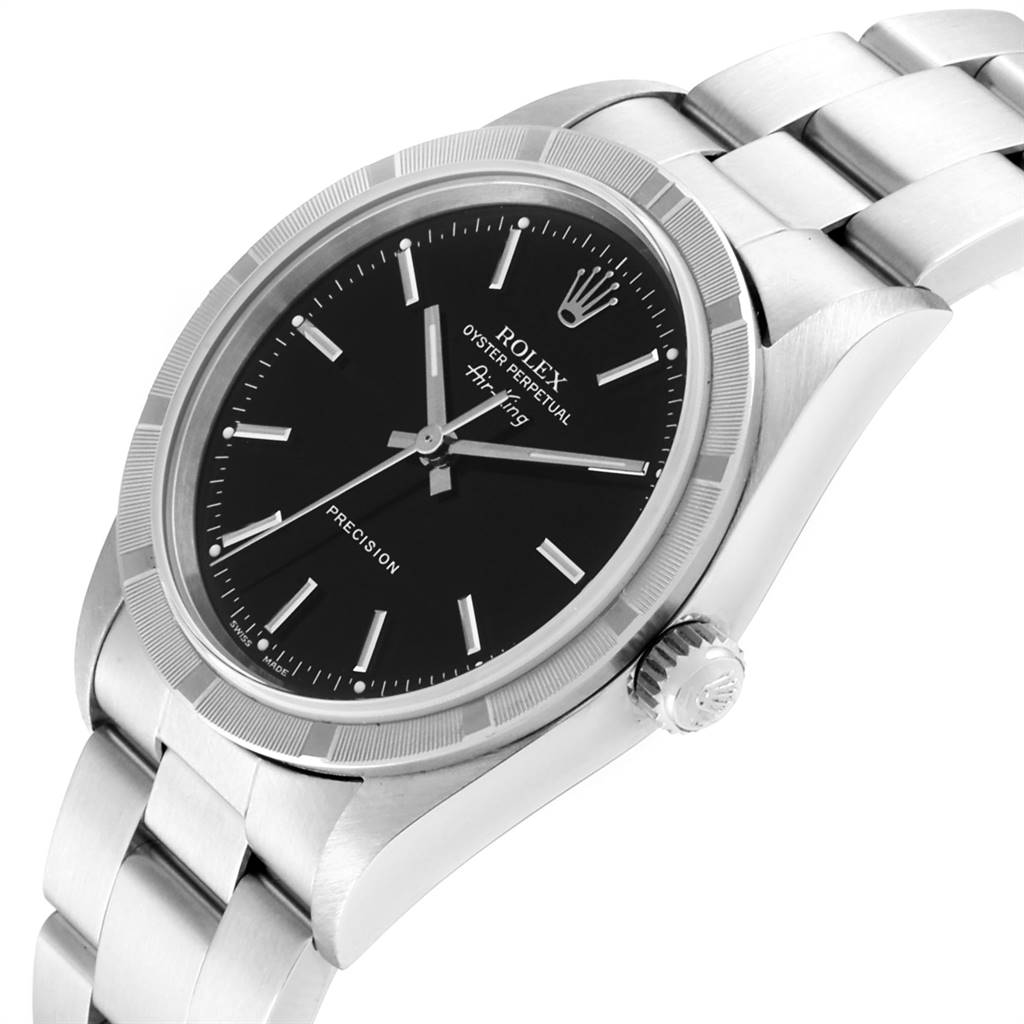 The Rolex Air-King 14010 Men's Stainless Steel Black Dial 14010 Men's Stainless Steel Black Dial watch is shown at an angled view, highlighting the dial, bezel, crown, and part of the bracelet.