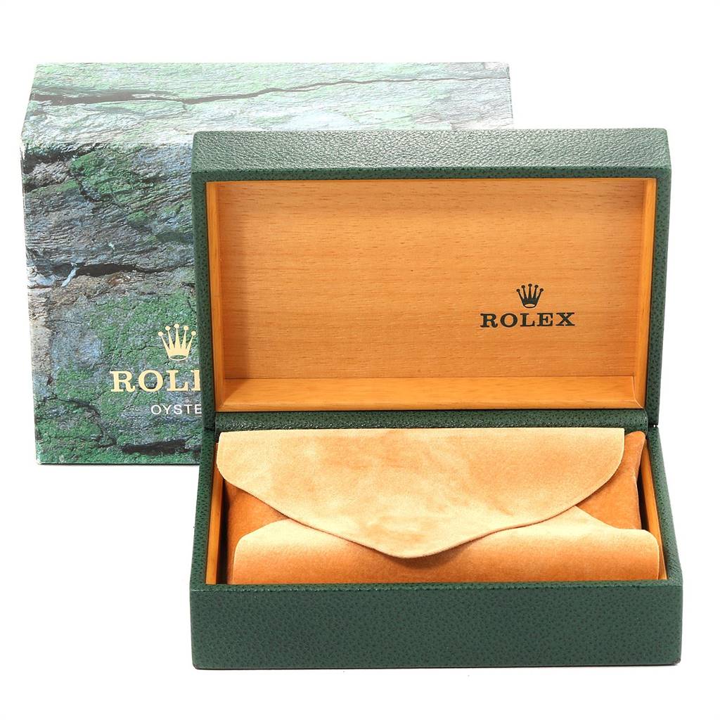 The image shows an open Rolex Air-King 14010 Men's Stainless Steel Black Dial 14010 Men's Stainless Steel Black Dial watch box and a green outer case with wood interior and protective pouch.