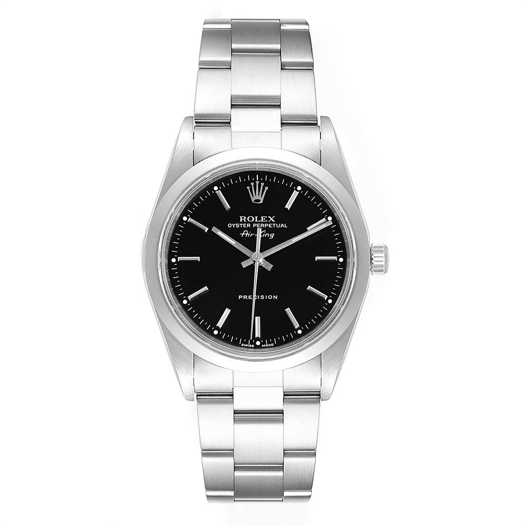 This image shows a front view of a Rolex Air-King 14000 Men's Stainless Steel Black Dial 14000 Men's Stainless Steel Black Dial watch, highlighting the watch face and bracelet.