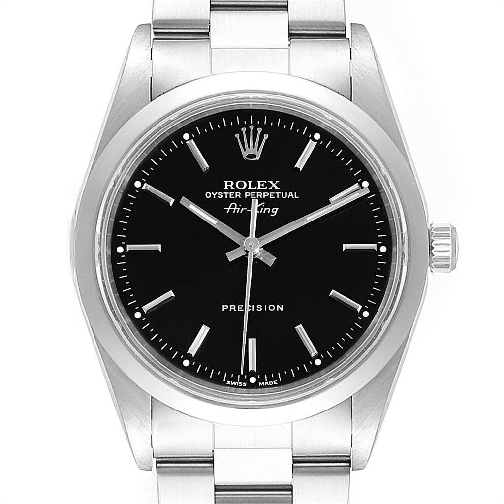 The Rolex Air-King 14000 Men's Stainless Steel Black Dial 14000 Men's Stainless Steel Black Dial watch is shown from a front-on angle, featuring the black dial, crown, bezel, and part of the bracelet.
