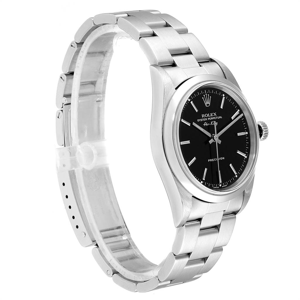 This image shows a Rolex Air-King 14000 Men's Stainless Steel Black Dial 14000 Men's Stainless Steel Black Dial watch at a slight angle, highlighting its face, bezel, band, and crown.