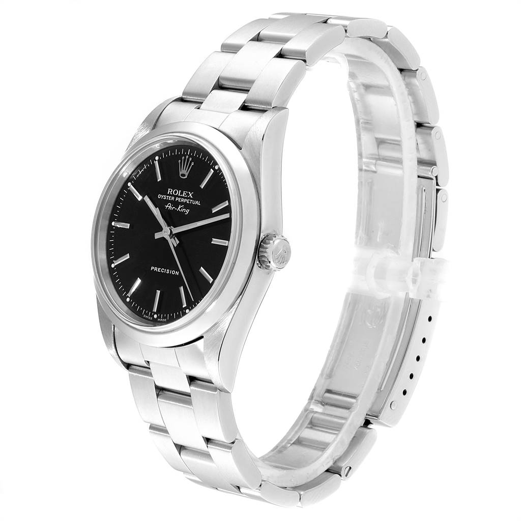 This is a side angle view of the Rolex Air-King 14000 Men's Stainless Steel Black Dial 14000 Men's Stainless Steel Black Dial watch, showing the black dial, crown, and stainless steel bracelet.