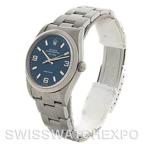 This image shows a Rolex Air-King 14000M Men's Stainless Steel Blue Dial 14000M Men's Stainless Steel Blue Dial watch from an angle highlighting the bracelet, case, and blue dial.