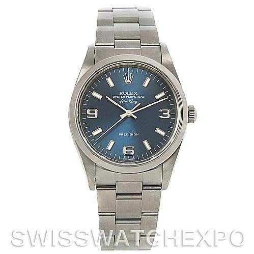This image shows a front view of a Rolex Air-King 14000M Men's Stainless Steel Blue Dial 14000M Men's Stainless Steel Blue Dial watch, displaying the dial, case, and bracelet.