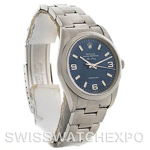 The image shows a Rolex Air-King 14000M Men's Stainless Steel Blue Dial 14000M Men's Stainless Steel Blue Dial watch at an angle highlighting the face, bezel, crown, and bracelet.