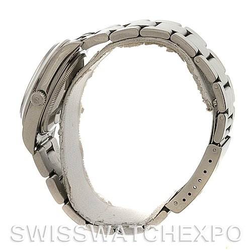 The image shows a side view of the Rolex Air-King 14000M Men's Stainless Steel Blue Dial 14000M Men's Stainless Steel Blue Dial watch, highlighting the case, crown, bezel, and part of the bracelet.