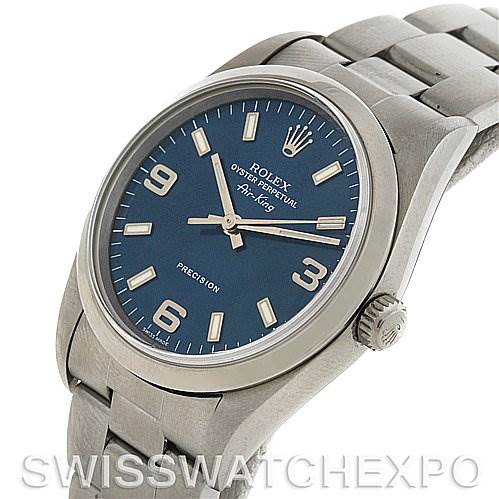 This image shows a Rolex Air-King 14000M Men's Stainless Steel Blue Dial 14000M Men's Stainless Steel Blue Dial watch from a 3/4 angle, displaying the face, bezel, crown, and part of the bracelet.