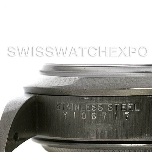 This image shows a close-up of the side view of a Rolex Air-King 14000M Men's Stainless Steel Blue Dial 14000M Men's Stainless Steel Blue Dial watch, highlighting the stainless steel case and serial number.