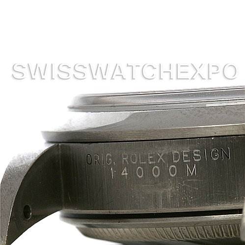 The image shows a close-up side view of a Rolex Air-King 14000M Men's Stainless Steel Blue Dial 14000M Men's Stainless Steel Blue Dial watch, highlighting the case side with engraving "ORIG. ROLEX DESIGN 14000M".