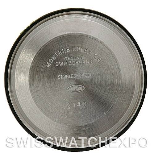 This image shows the inside case back of a Rolex Air-King 14000M Men's Stainless Steel Blue Dial 14000M Men's Stainless Steel Blue Dial watch, displaying details such as "Montres Rolex S.A." and "Stainless Steel."