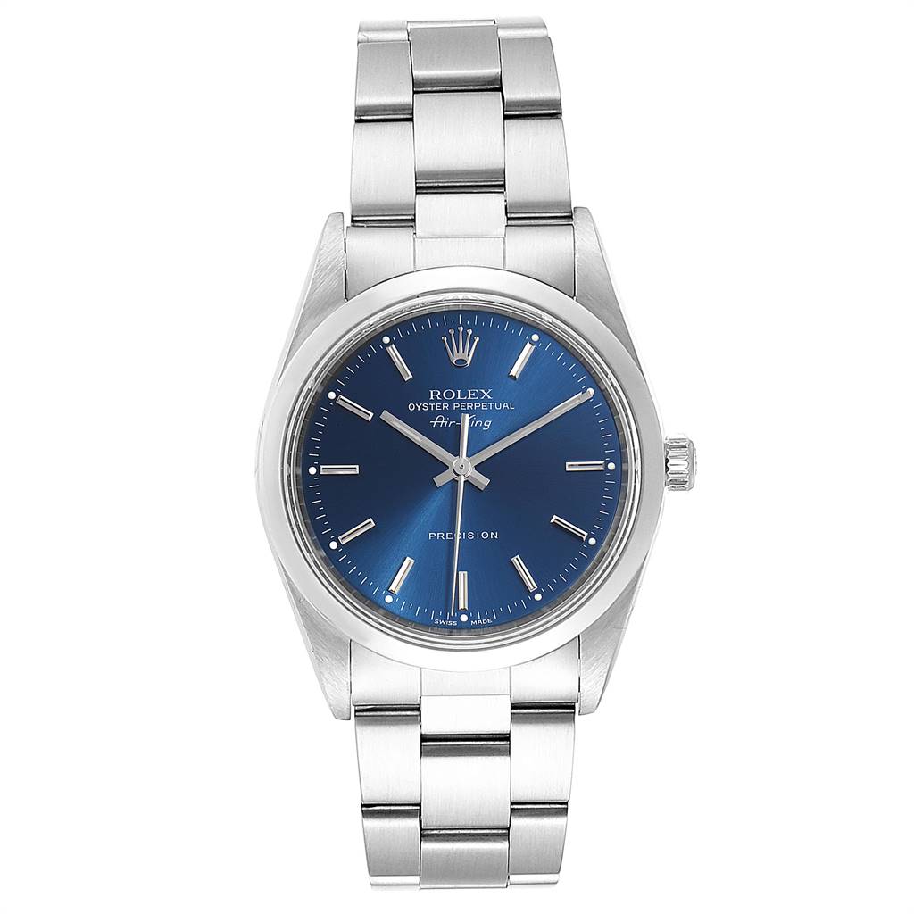 This image shows a front view of a Rolex Air-King 14000 Men's Stainless Steel Blue Dial 14000 Men's Stainless Steel Blue Dial watch, displaying the face, case, and bracelet.