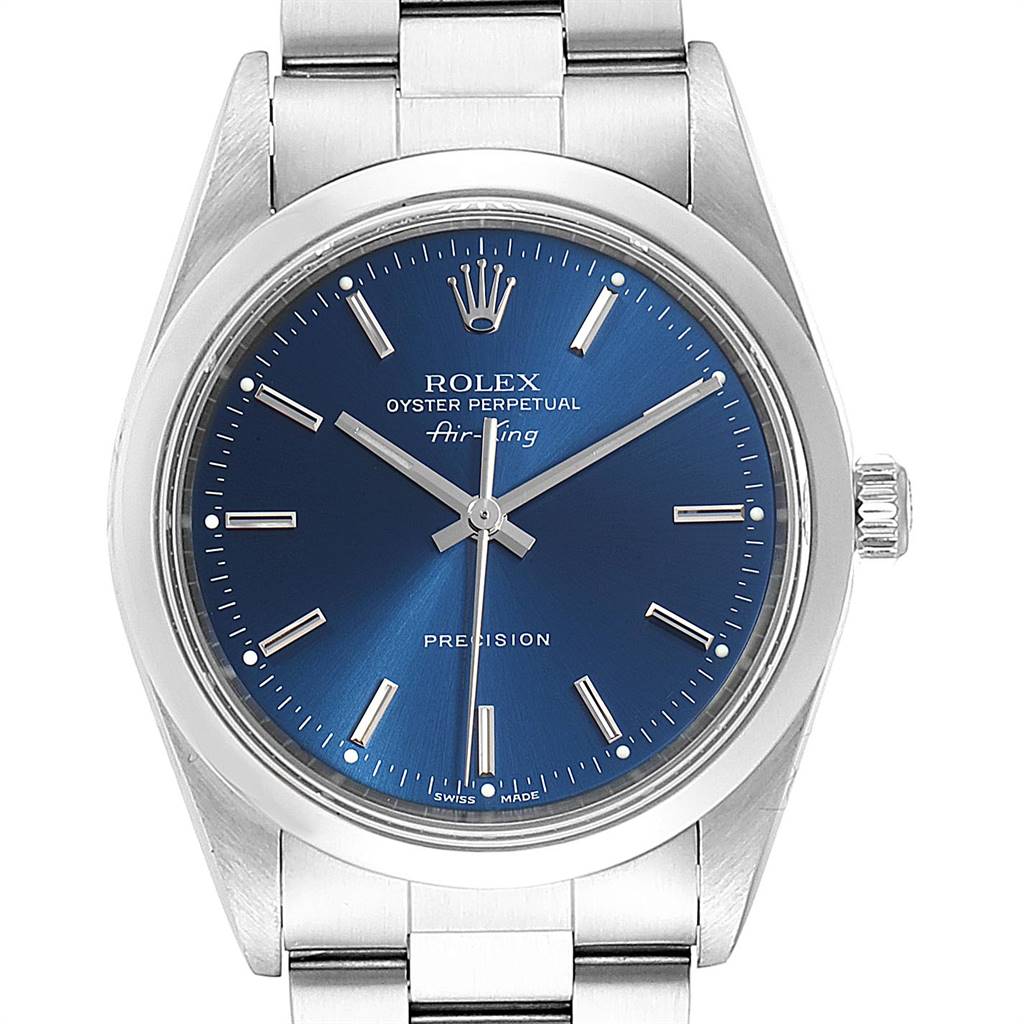 This is a front view of the Rolex Air-King 14000 Men's Stainless Steel Blue Dial 14000 Men's Stainless Steel Blue Dial watch, showing the dial, bezel, crown, and bracelet.