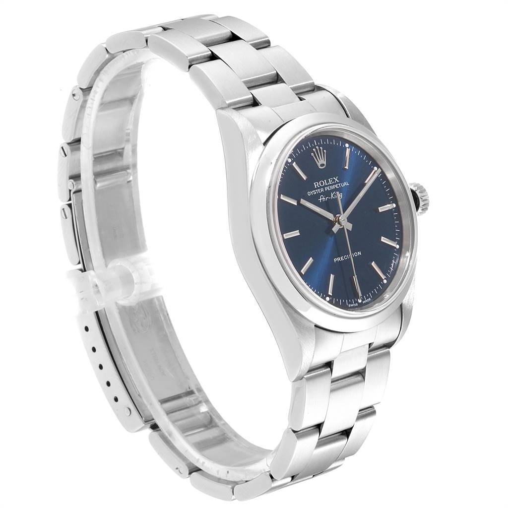 The image shows a Rolex Air-King 14000 Men's Stainless Steel Blue Dial 14000 Men's Stainless Steel Blue Dial watch from a front-side angle, highlighting the bracelet, case, dial, and crown.