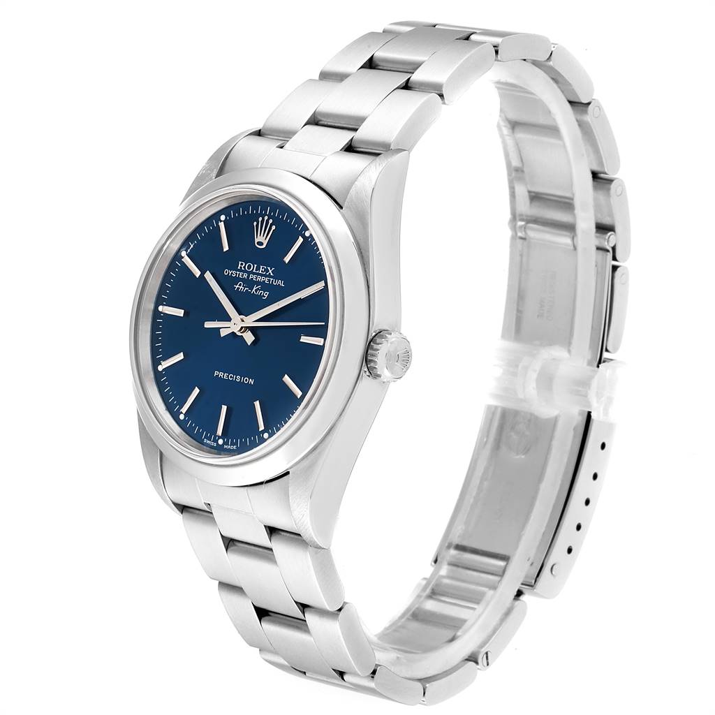 The Rolex Air-King 14000 Men's Stainless Steel Blue Dial 14000 Men's Stainless Steel Blue Dial watch is shown at a three-quarter angle with a blue dial and stainless steel bracelet.
