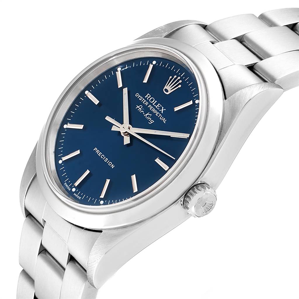 This image shows a side view of a Rolex Air-King 14000 Men's Stainless Steel Blue Dial 14000 Men's Stainless Steel Blue Dial watch, highlighting the dial, crown, and part of the bracelet.