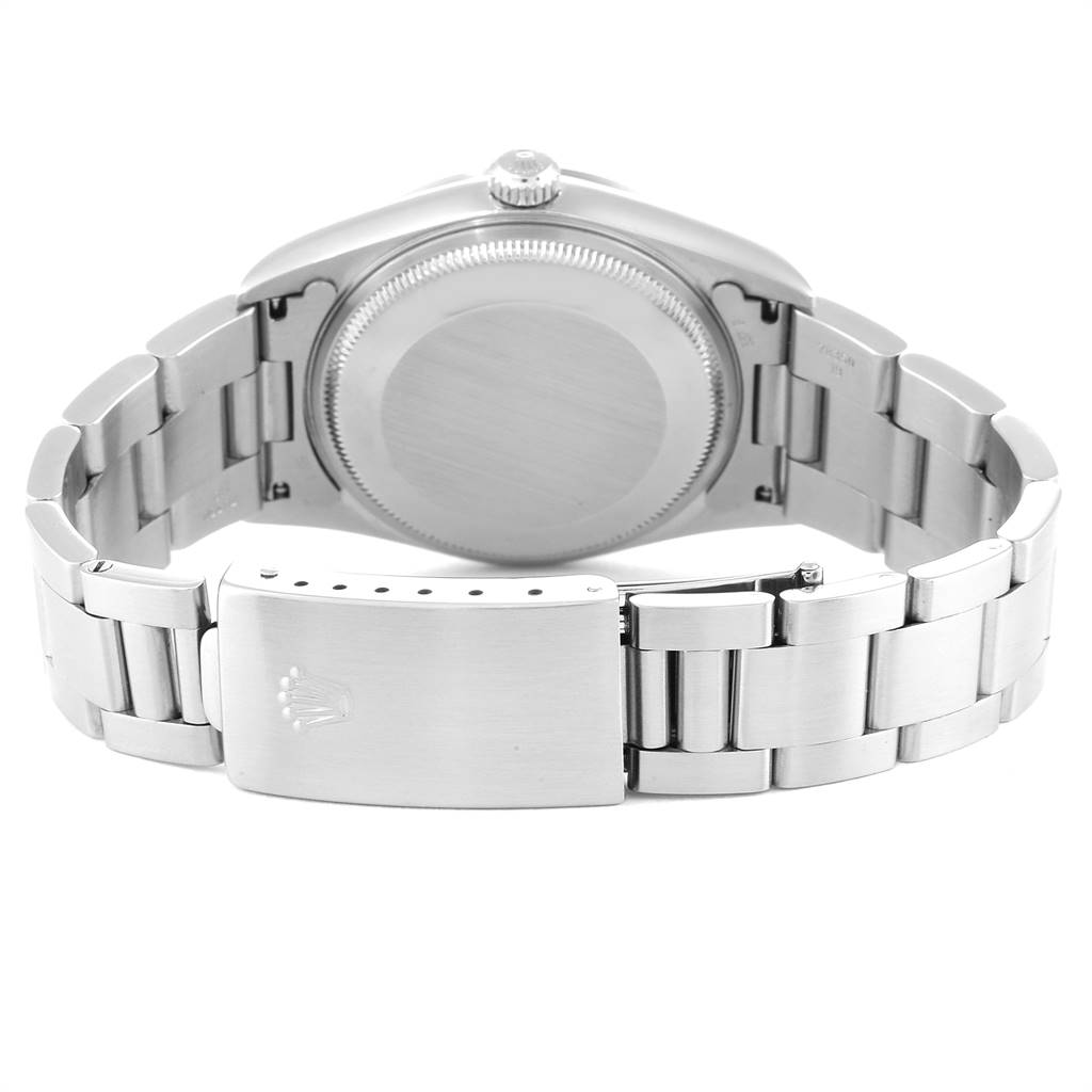 This image shows the back case and bracelet of the Rolex Air-King 14000 Men's Stainless Steel Blue Dial 14000 Men's Stainless Steel Blue Dial watch, including the clasp.