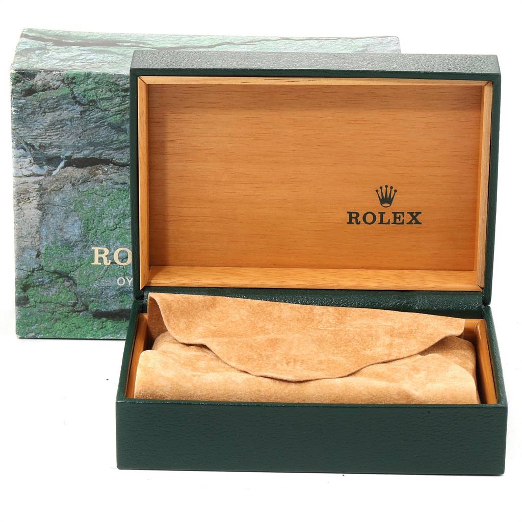 This image shows the packaging box for a Rolex Air-King 14000 Men's Stainless Steel Blue Dial 14000 Men's Stainless Steel Blue Dial watch, displaying the inner wooden case with a beige cloth inside.