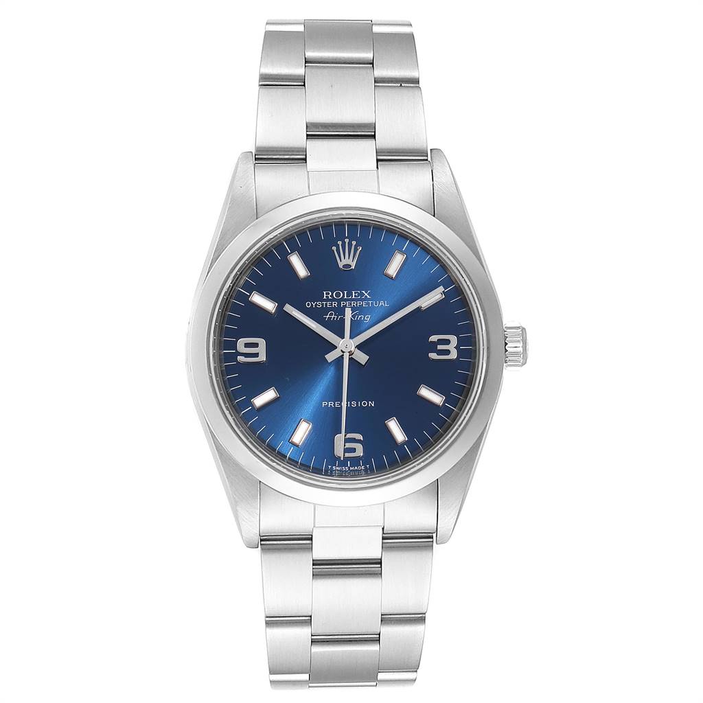 The Rolex Air-King 14000 Men's Stainless Steel Blue Dial 14000 Men's Stainless Steel Blue Dial watch is shown from a front angle, displaying its blue dial, stainless steel bracelet, and the crown.