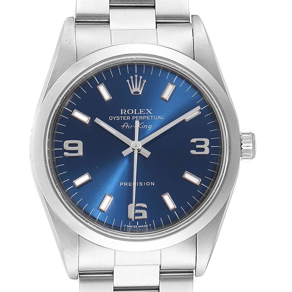 The image shows a front view of a Rolex Air-King 14000 Men's Stainless Steel Blue Dial 14000 Men's Stainless Steel Blue Dial watch with a blue dial and silver bracelet.