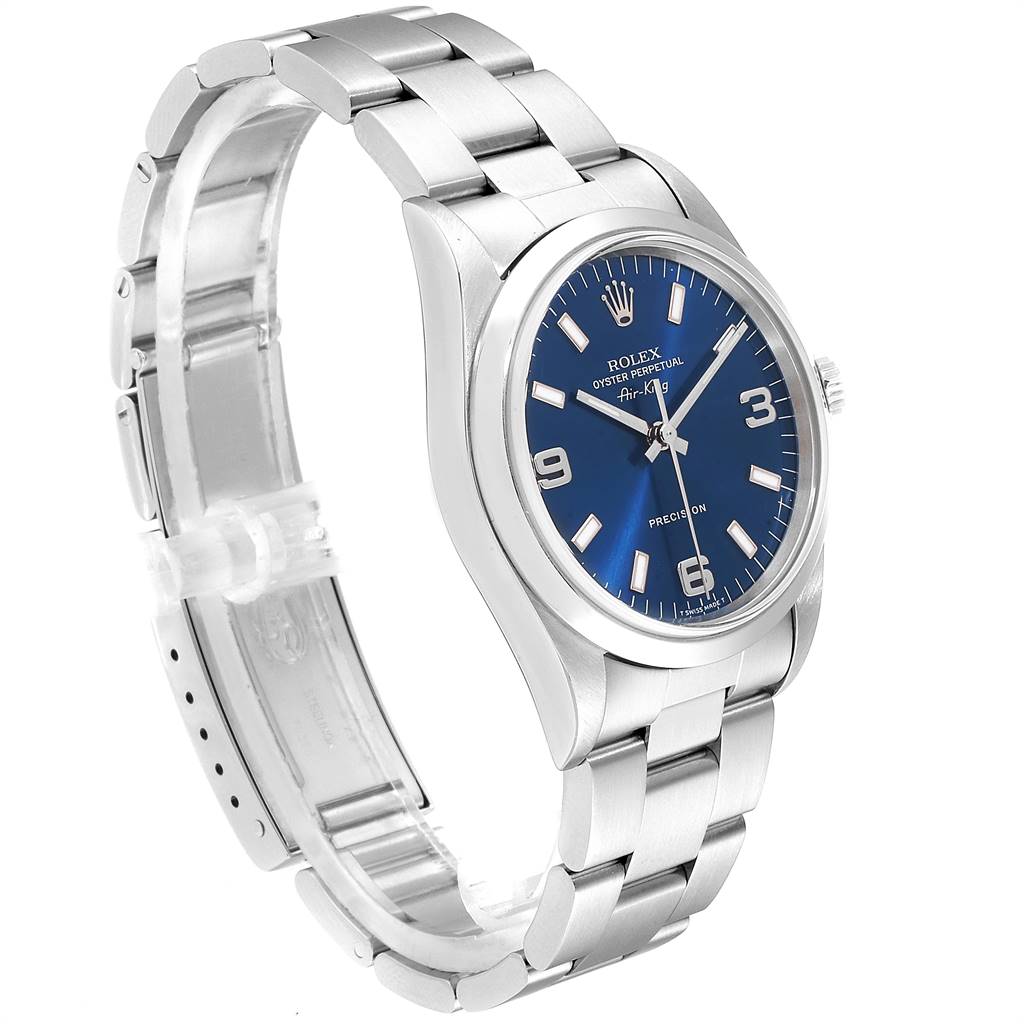 The image shows a Rolex Air-King 14000 Men's Stainless Steel Blue Dial 14000 Men's Stainless Steel Blue Dial watch with a blue dial and a silver metal band viewed from an angled perspective.