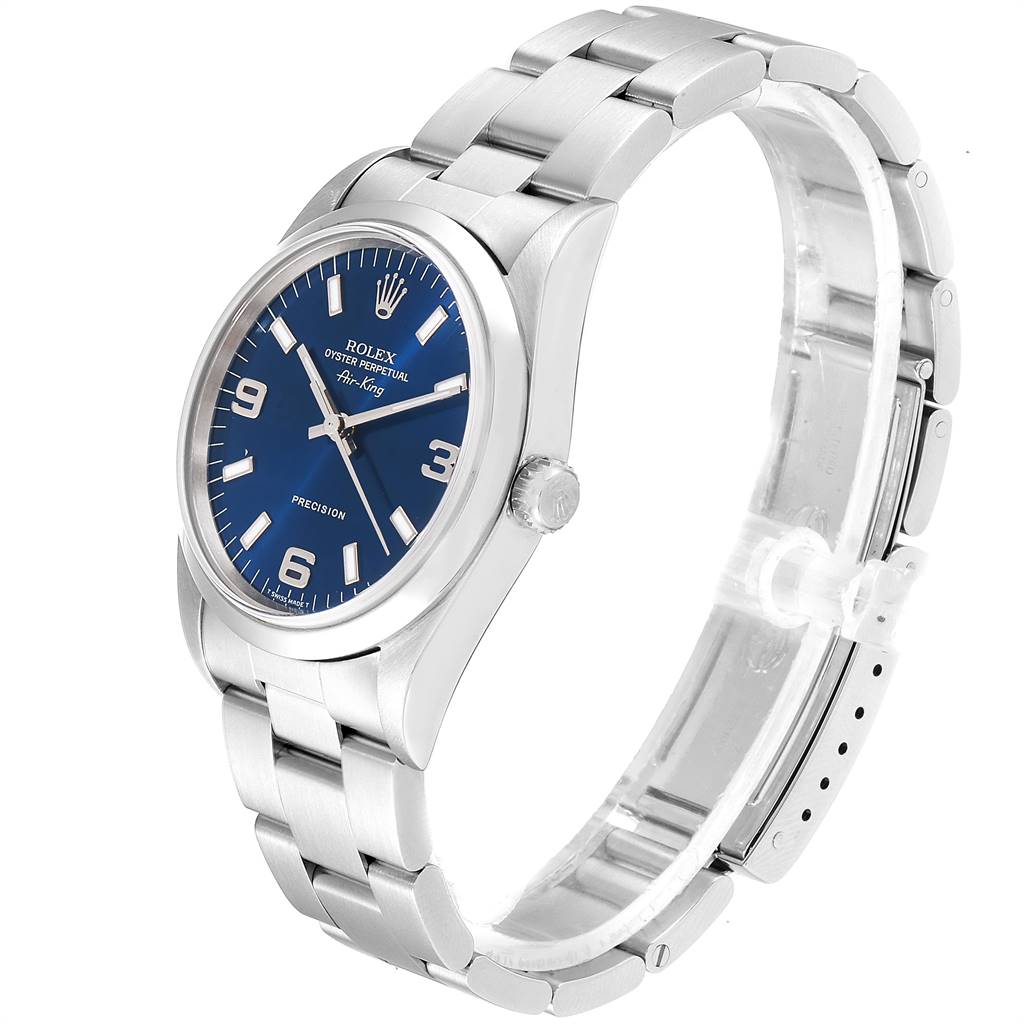 This image shows a Rolex Air-King 14000 Men's Stainless Steel Blue Dial 14000 Men's Stainless Steel Blue Dial watch at an angle displaying the face, crown, and stainless steel bracelet.