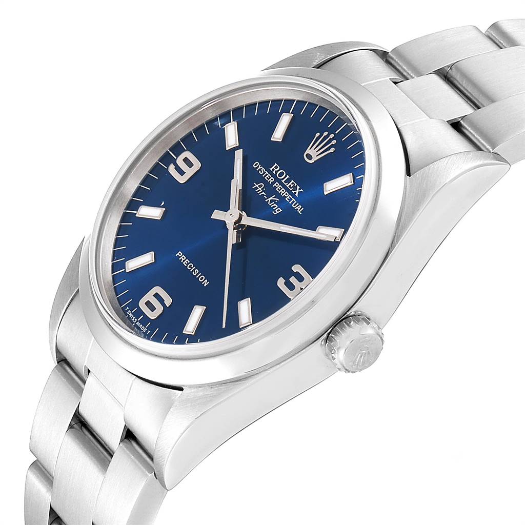 The image shows a Rolex Air-King 14000 Men's Stainless Steel Blue Dial 14000 Men's Stainless Steel Blue Dial watch from a three-quarter view, highlighting the face, bezel, and part of the bracelet.