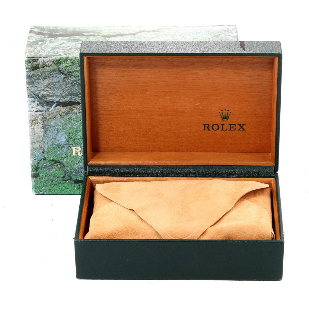 The image shows a Rolex Air-King 14000 Men's Stainless Steel Silver Dial 14000 Men's Stainless Steel Silver Dial watch box and suede pouch, with the box open revealing the inside.