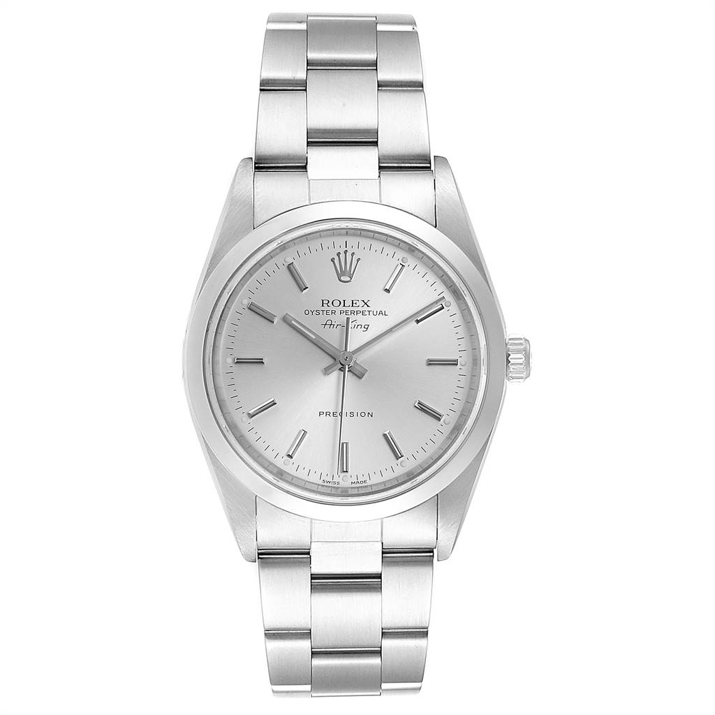 The image shows a front view of the Rolex Air-King 14000 Men's Stainless Steel Silver Dial 14000 Men's Stainless Steel Silver Dial watch, showcasing its dial, case, bezel, and bracelet.