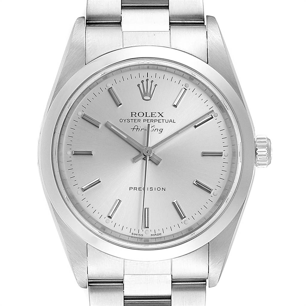 The image shows a front view of the Rolex Air-King 14000 Men's Stainless Steel Silver Dial 14000 Men's Stainless Steel Silver Dial watch, highlighting its face, dial, and part of the bracelet.