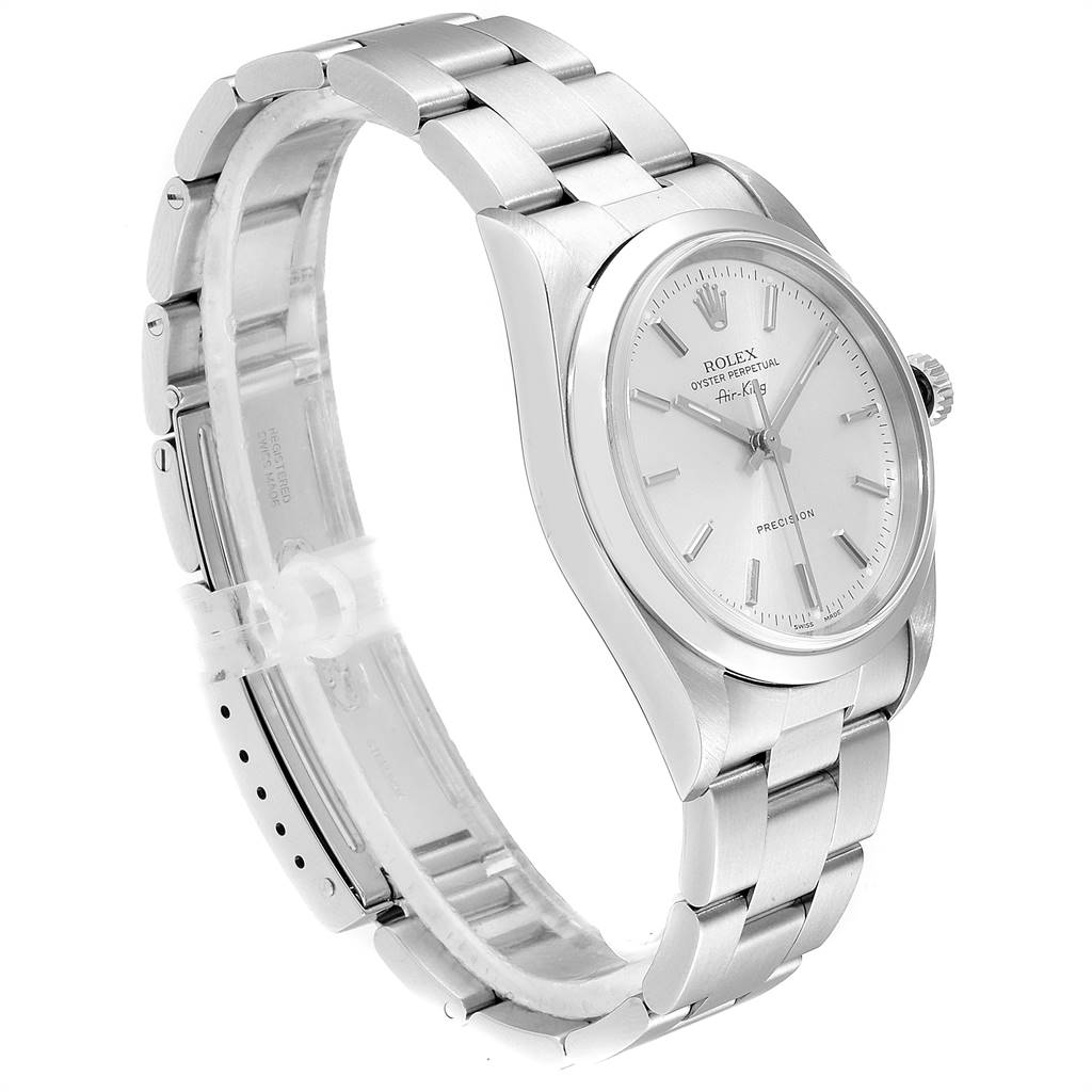 The image shows a side angle of the Rolex Air-King 14000 Men's Stainless Steel Silver Dial 14000 Men's Stainless Steel Silver Dial watch, highlighting its bracelet, clasp, and watch face.