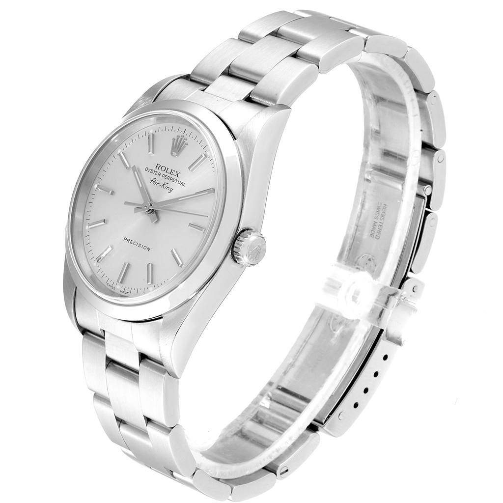 The Rolex Air-King 14000 Men's Stainless Steel Silver Dial 14000 Men's Stainless Steel Silver Dial watch is shown at a three-quarter angle, displaying the face, case, and bracelet.