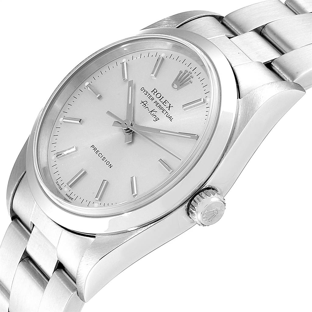 The image shows a side angle of the Rolex Air-King 14000 Men's Stainless Steel Silver Dial 14000 Men's Stainless Steel Silver Dial watch, highlighting the dial, crown, and bracelet.