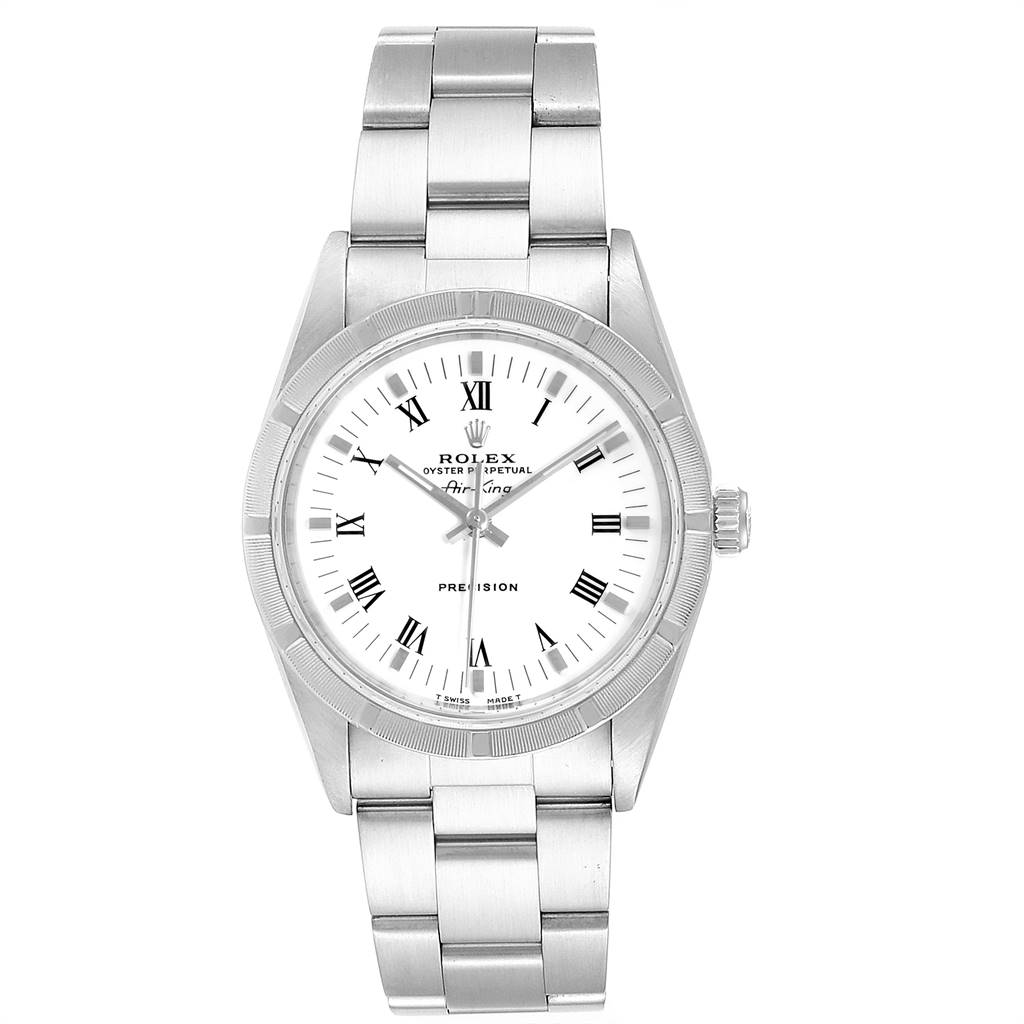 This is a front view of the Rolex Air-King 14010 Men's Stainless Steel White Dial 14010 Men's Stainless Steel White Dial watch, showing its white dial, Roman numerals, and stainless steel band.