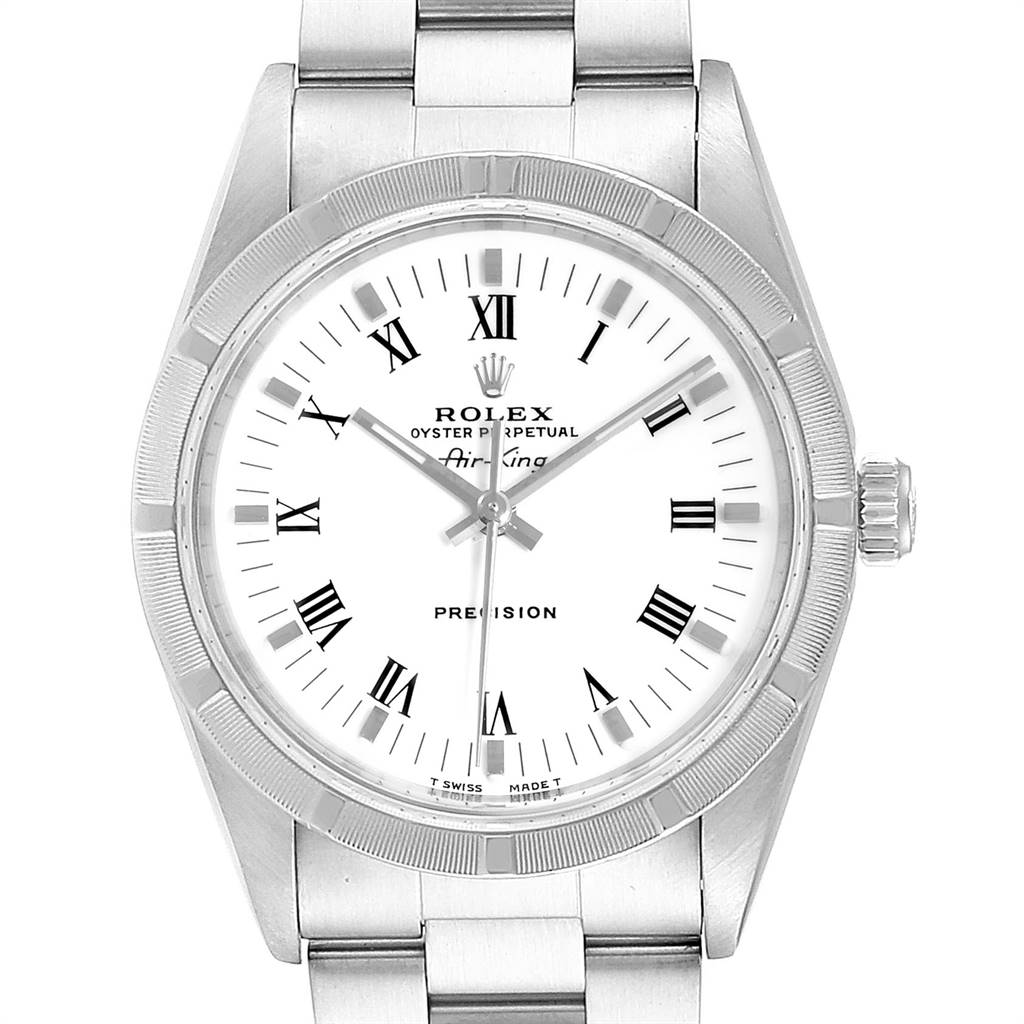 This is a front view of the Rolex Air-King 14010 Men's Stainless Steel White Dial 14010 Men's Stainless Steel White Dial watch, showcasing the dial, bezel, crown, and part of the metal bracelet.