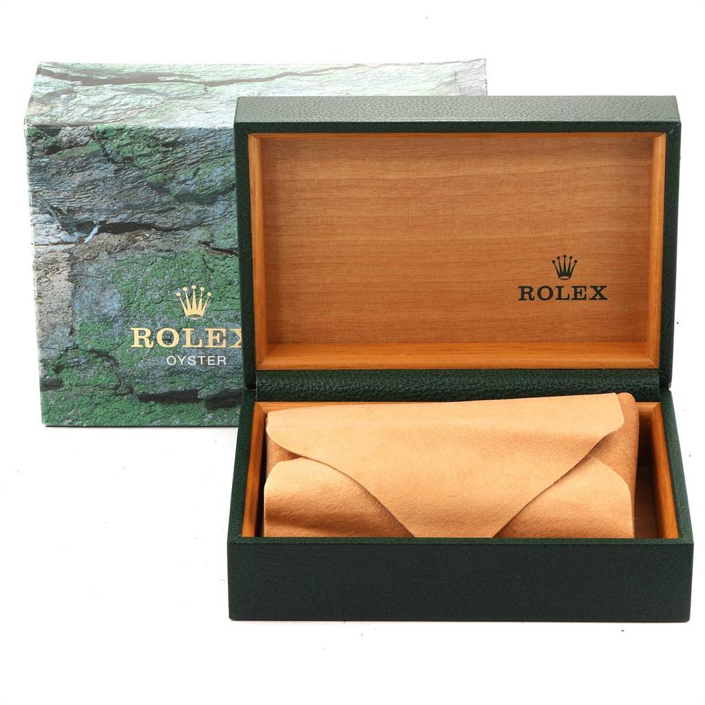 The image shows the open wooden box and packaging for a Rolex Air-King 14010 Men's Stainless Steel White Dial 14010 Men's Stainless Steel White Dial watch, with a beige watch pouch inside.