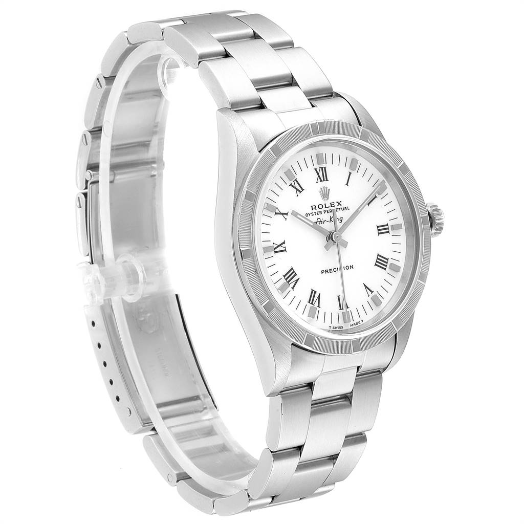 The image shows a side angle of the Rolex Air-King 14010 Men's Stainless Steel White Dial 14010 Men's Stainless Steel White Dial watch, highlighting the bracelet, case, and dial with Roman numerals.