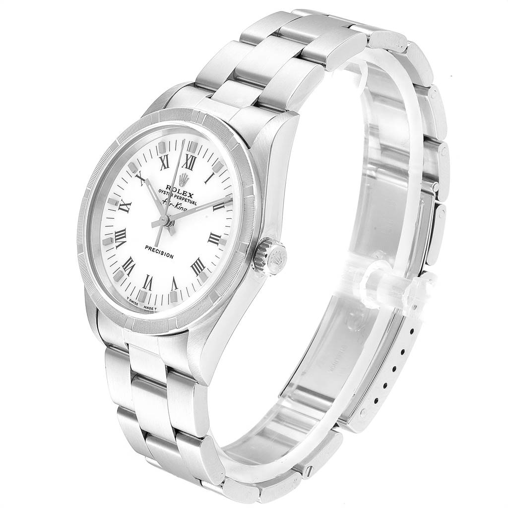 The image shows a side angled view of a Rolex Air-King 14010 Men's Stainless Steel White Dial 14010 Men's Stainless Steel White Dial watch, displaying the watch face, bracelet, and crown.