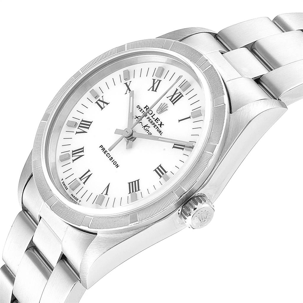 The image shows a close-up, angled view of a Rolex Air-King 14010 Men's Stainless Steel White Dial 14010 Men's Stainless Steel White Dial watch, highlighting the dial, bezel, crown, and part of the bracelet.