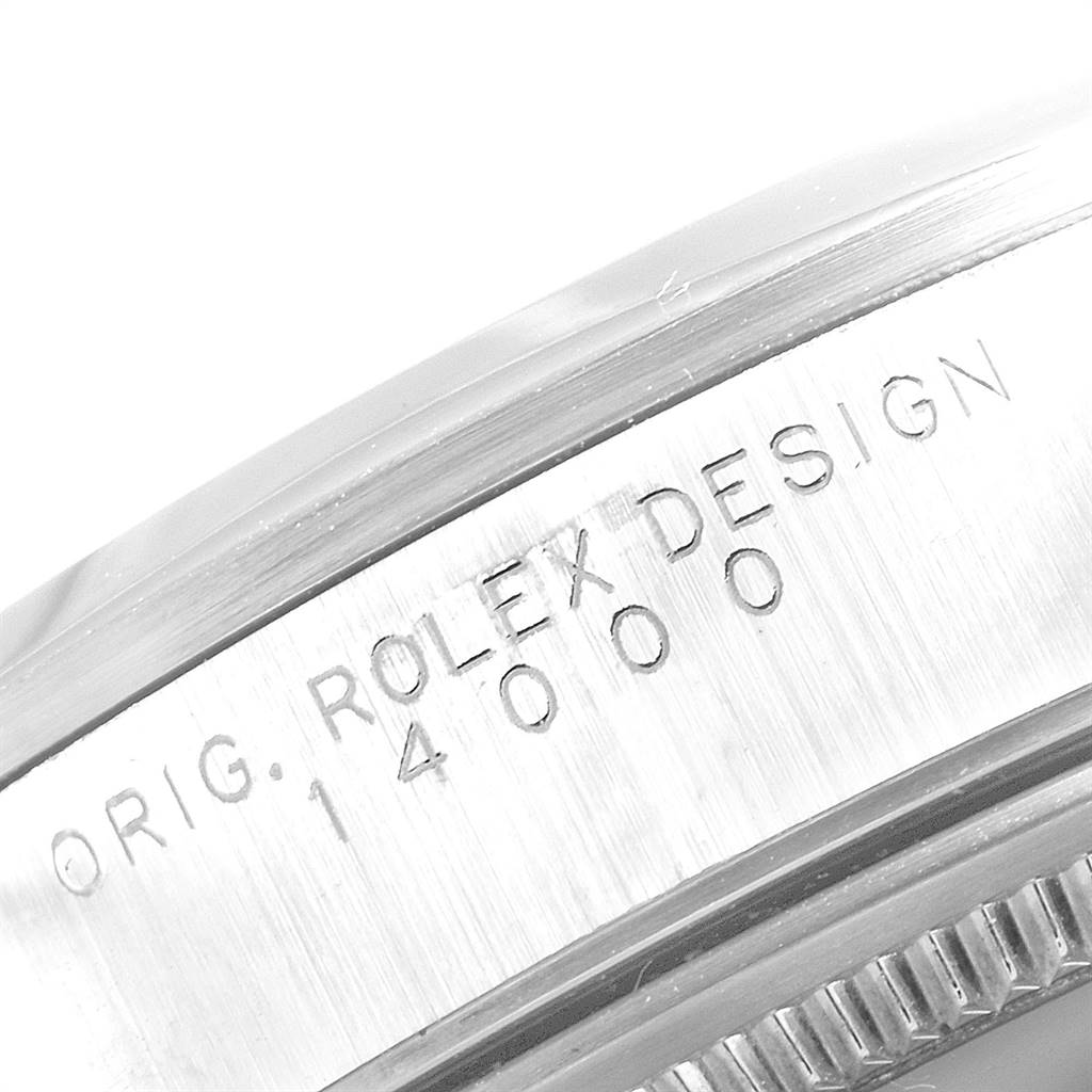 This is a close-up angle of the Rolex Air-King 14000 Men's Stainless Steel Silver Dial 14000 Men's Stainless Steel Silver Dial model, showing the engraved bezel with the design number 14000.