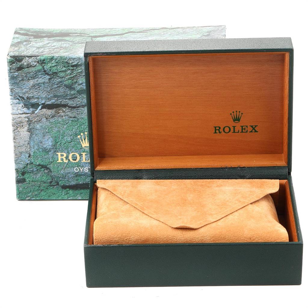 The image shows the open storage box of a Rolex Air-King 14000 Men's Stainless Steel Silver Dial 14000 Men's Stainless Steel Silver Dial watch with a suede pouch inside.