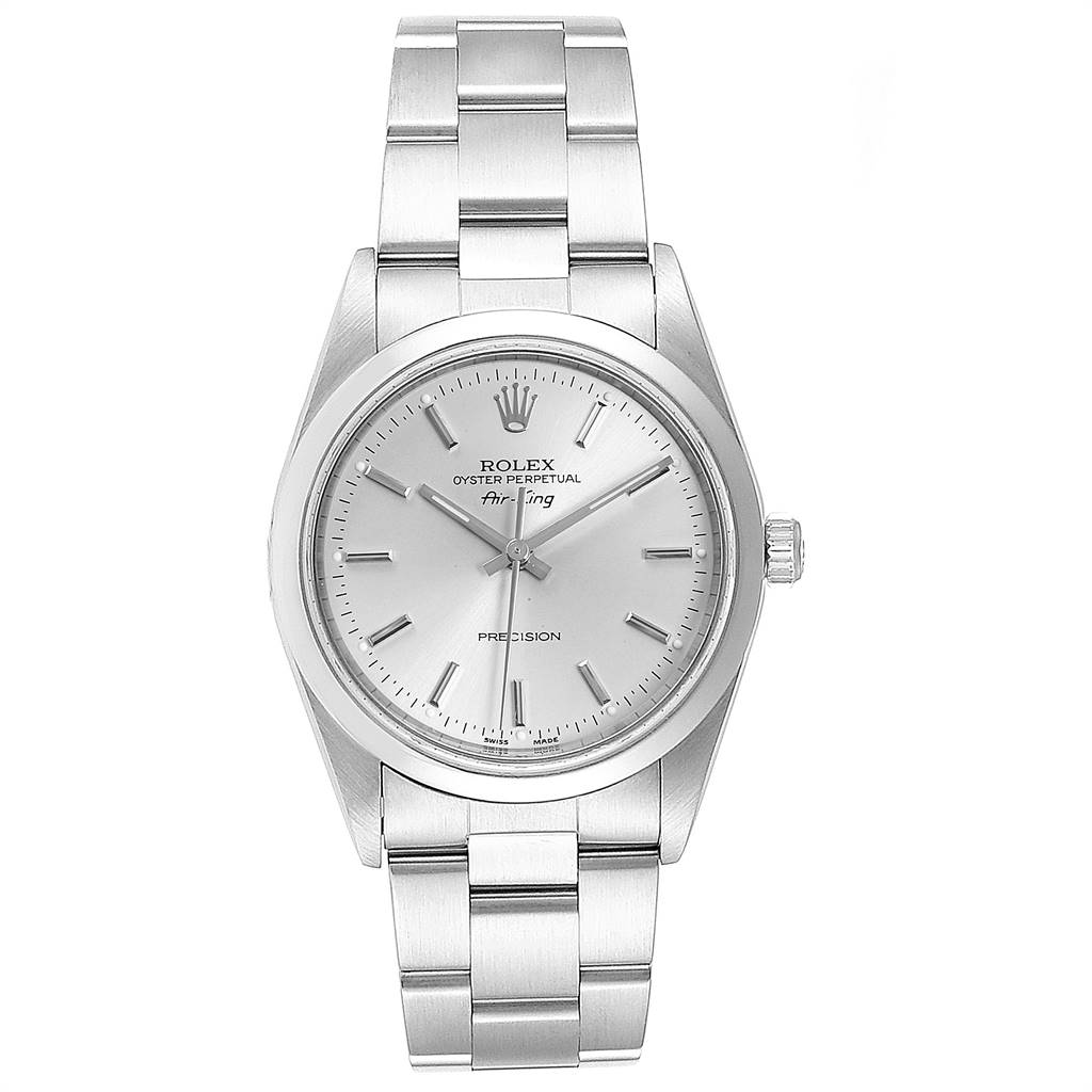 The image shows a frontal view of the Rolex Air-King 14000 Men's Stainless Steel Silver Dial 14000 Men's Stainless Steel Silver Dial watch, highlighting its dial, case, and bracelet.