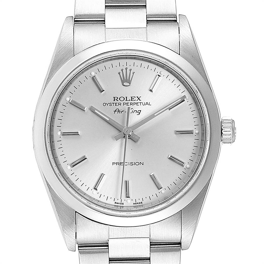 This Rolex Air-King 14000 Men's Stainless Steel Silver Dial 14000 Men's Stainless Steel Silver Dial watch is shown from a top-down angle, displaying the dial, hands, crown, and part of the bracelet.