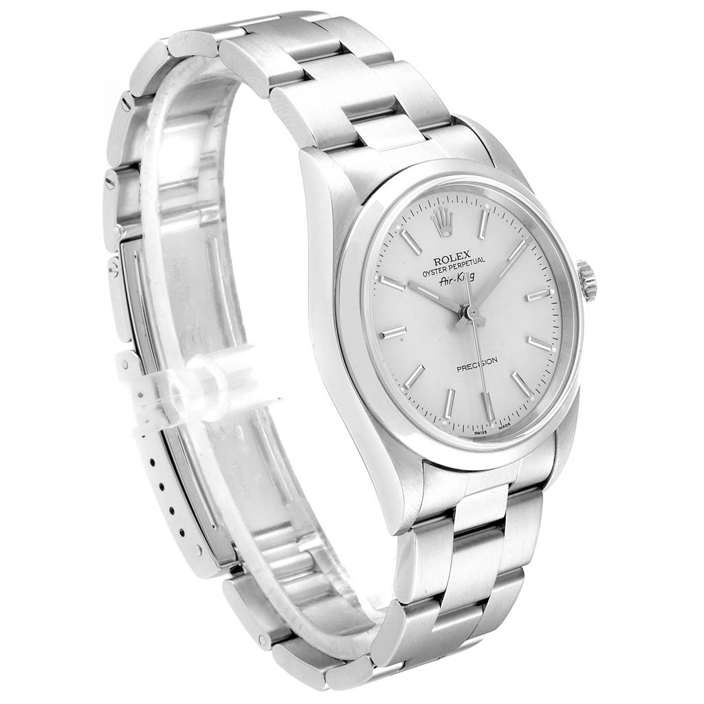 The image shows a Rolex Air-King 14000 Men's Stainless Steel Silver Dial 14000 Men's Stainless Steel Silver Dial watch from a side angle, highlighting its stainless steel band and dial.