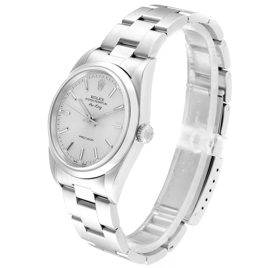 This image shows a Rolex Air-King 14000 Men's Stainless Steel Silver Dial 14000 Men's Stainless Steel Silver Dial watch angled from the front-right, highlighting the dial, bracelet, and clasp.